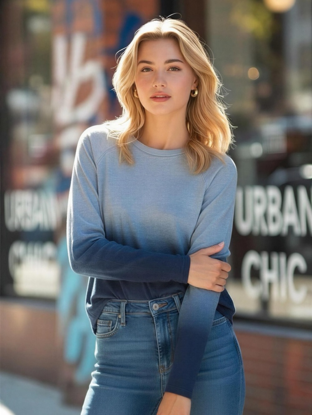 Pure Jill 100% Cotton Blue Ombre Dip-Dye Long Sleeve Top